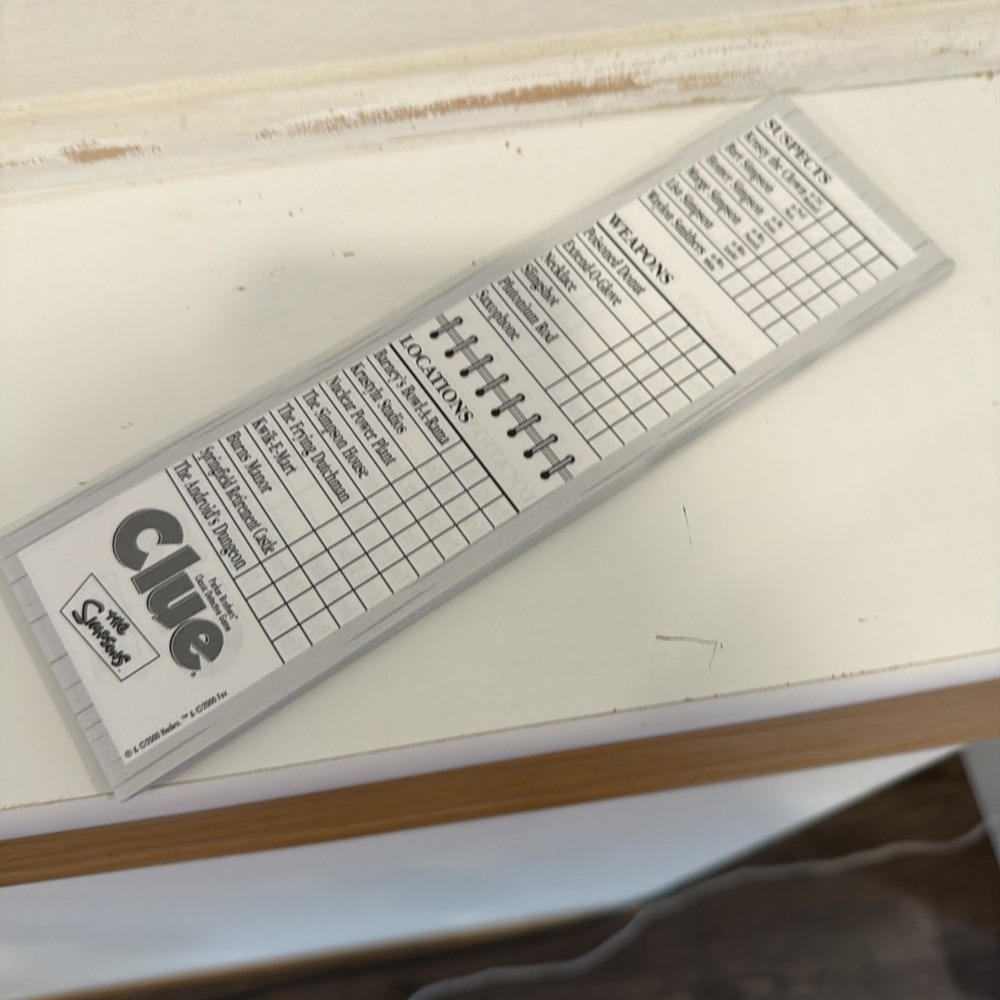 2000 The Simpson's CLUE Game Replacement Score Pad